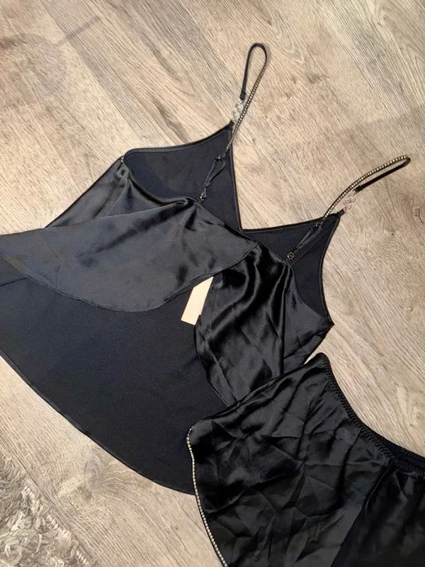 Victoria's Secret black satin cami and shorts pajama set with rhinestones NEW - Image 9