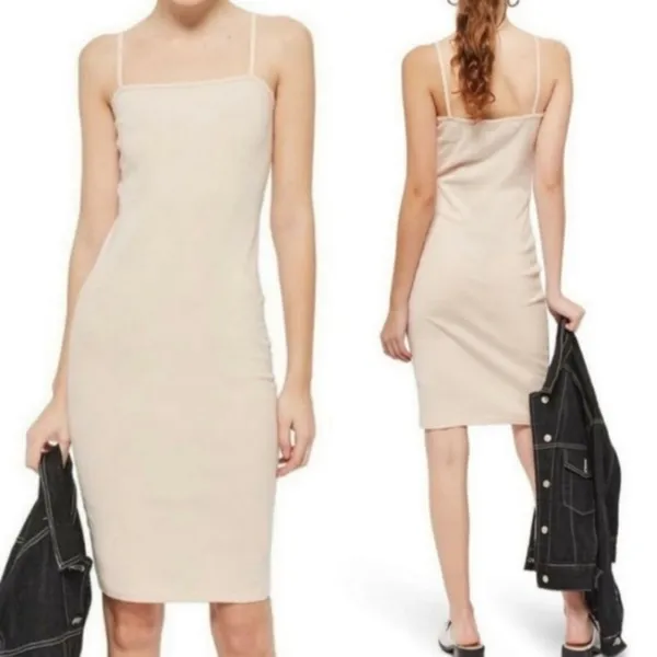 Topshop Nude Bodycon Square Neck Sheath Midi Dress Size 8 - Image 2