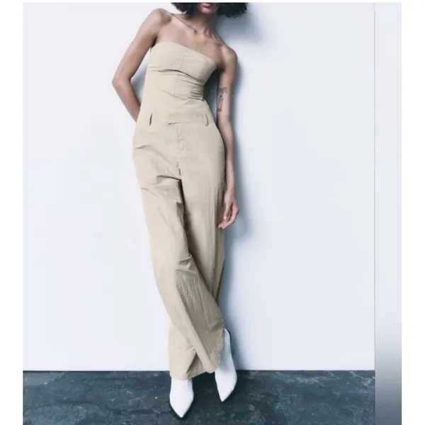 Zara Strapless Off The Shoulder‎ Nylon Jumpsuit, Khaki, Size Xs Bloggers Fav - Image 3