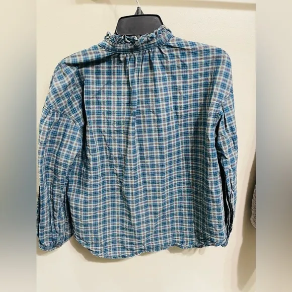 MADEWELL Teal‎ Blue Plaid Ruffle-Neck Popover Blouse Size Medium - Image 4