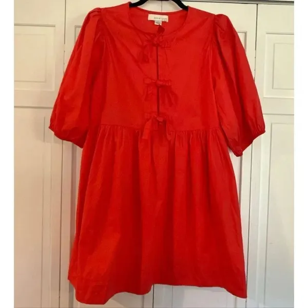 Band of the Free LA red cotton pocket dress puff sleeve tie bust M - Image 3