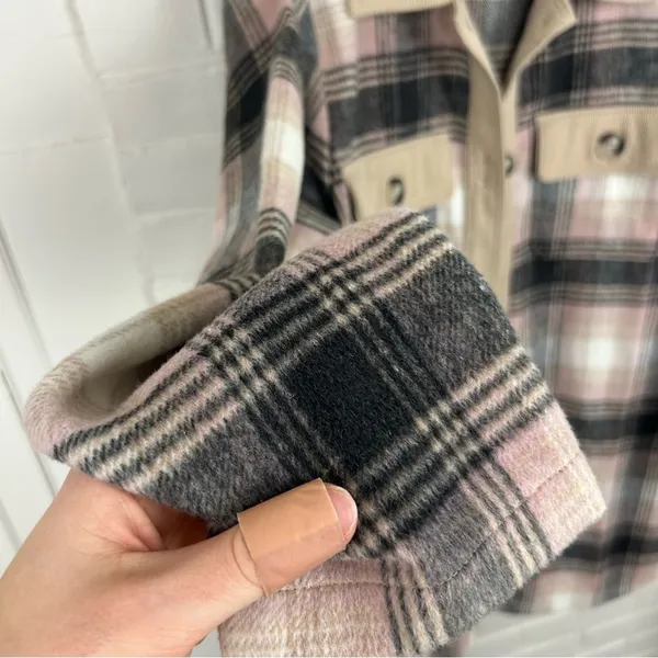 Melloday Pink Brown Plaid Long Line Button Front Shacket Size XL - Image 10