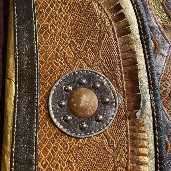 Vintage Renias Sharif Patchwork Leather Crossbody Purse Gold Bronze Tones 80s - Image 6