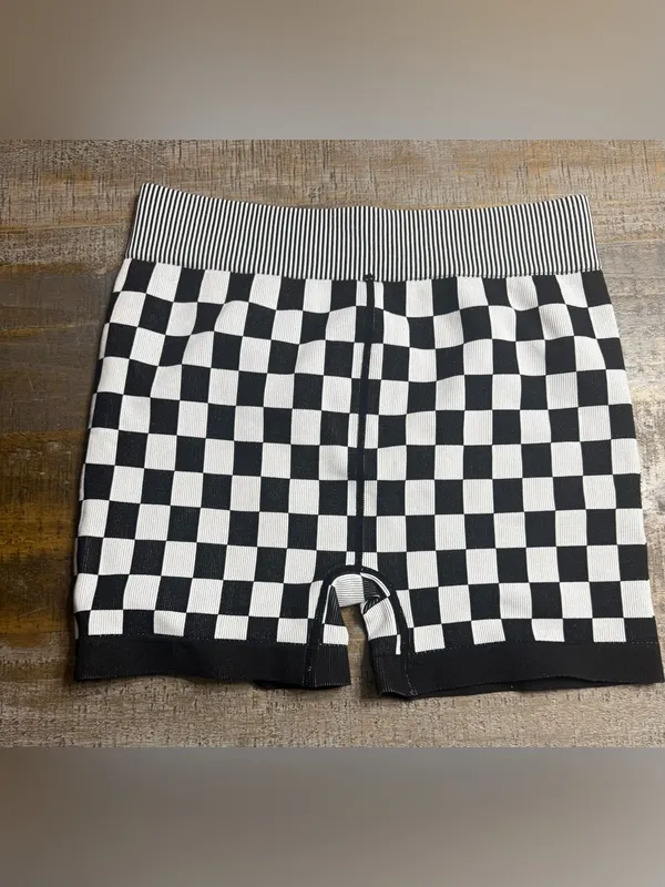 Kimberly Checkerboard High-Rise Bike Shorts — Black & White - Image 4