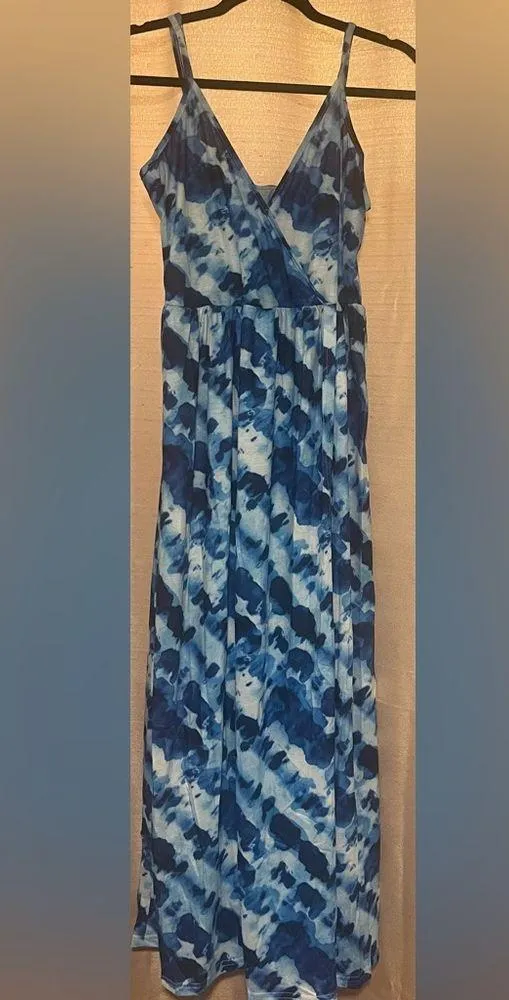 New V Neck Split Spaghetti Strap Maxi Dress, Blue Size M - Image 2