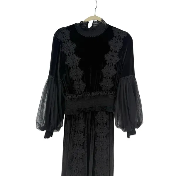 TOV Los Angeles Black Velvet Lace Maxi Dress Size 38 US 6 Small Witchy Victorian - Image 5