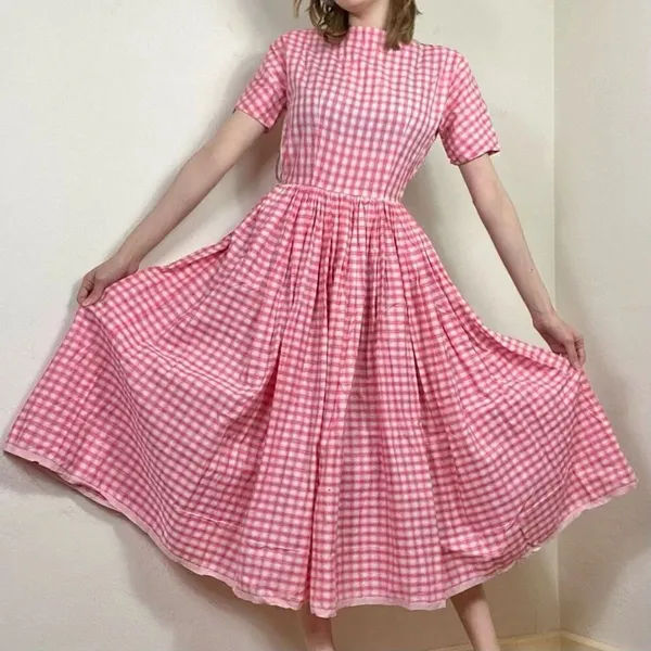 Vintage Pink & White Plaid Lattice Sleeve A Line Midi Dress Size S - Image 2