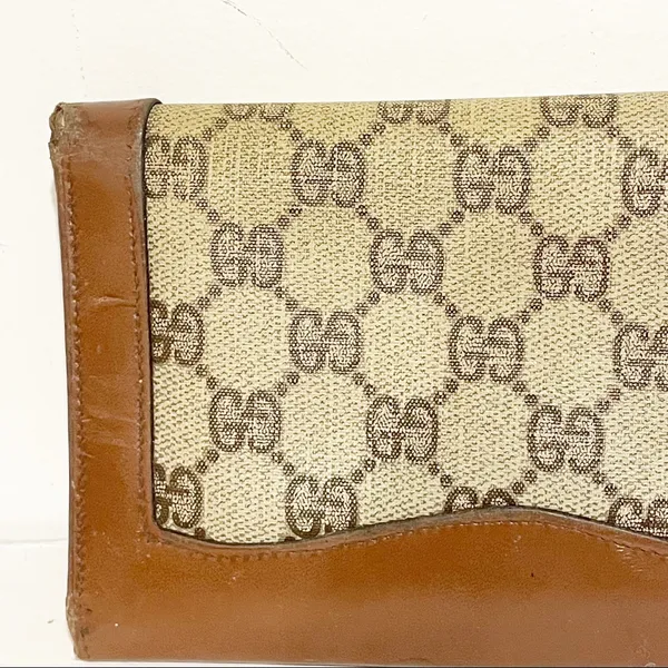 Gucci Vintage Brown Leather Cloth Wallet‎ Check Holder Snap Zipper - Image 7