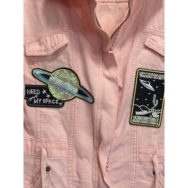 Utility Jacket Womens Peach Size Medium Pockets Tie‎ Waist Patches Embroidered - Image 2