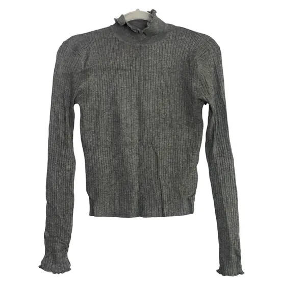 ZARA Ruffled Mock Neck Ruffle Longsleeve Rib Knit Stretch Cotton Sweater M Grey - Image 2