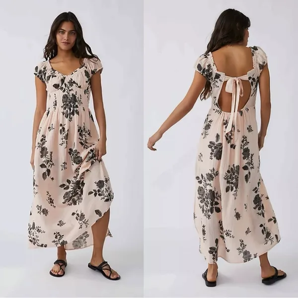 Free People Dainty Bohemian Gauze Forget Me Not Floral Midi Dress Blush Large - Image 5