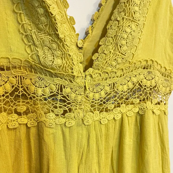 Boho Maxi Dress‎ Yellow Sleeveless V Neck Crochet Lace Tiered Flowy Small - Image 3
