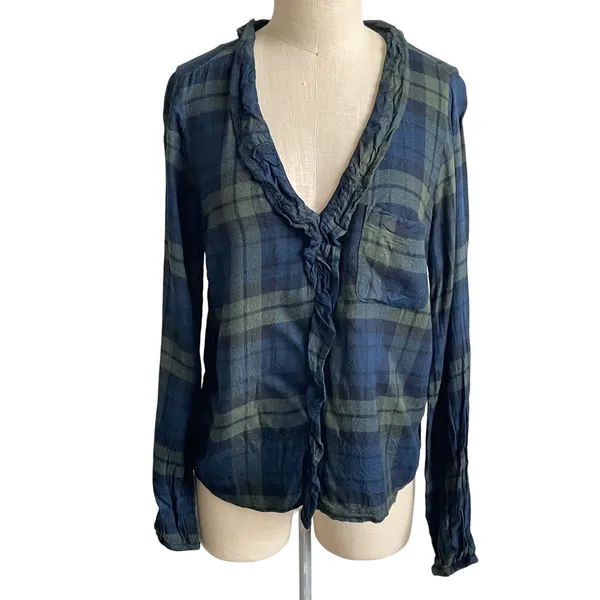 Abercrombie Plaid Ruffle Blouse Medium Navy Green V Neck Flowy Top - Image 2