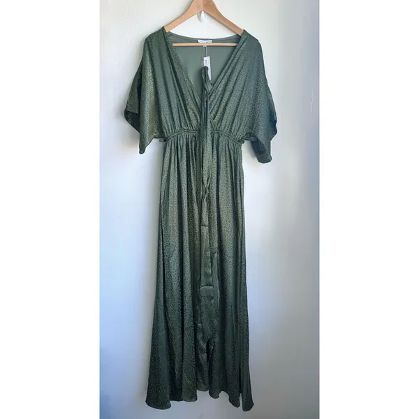 NWT BALTIC BORN Savannah Satin Olive Green Leopard Print Maxi Dress Womens Small - Image 2