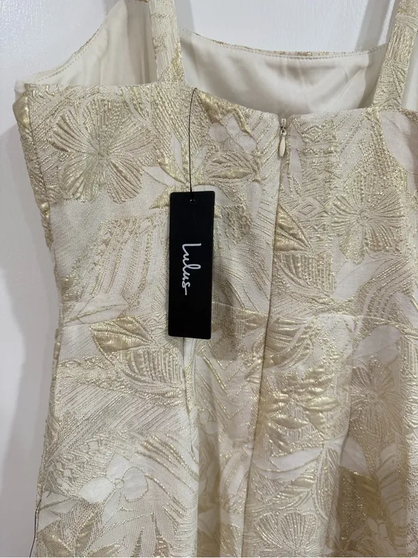 Lulu's Cream and Gold Floral Brocade Mini Dress perfect for birthday or party - Image 4