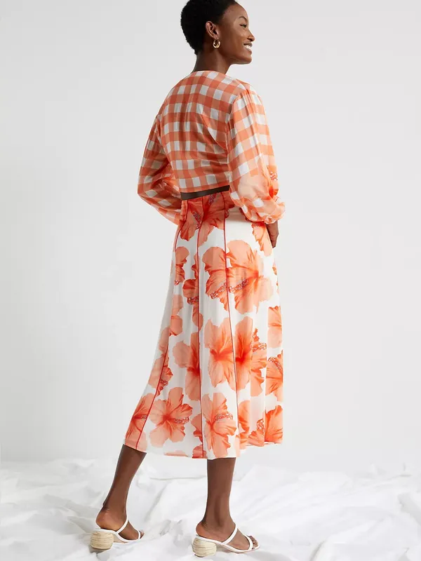 Anthropologie Farm Rio Orange White Floral Contrast Midi Skirt Size Medium - Image 3