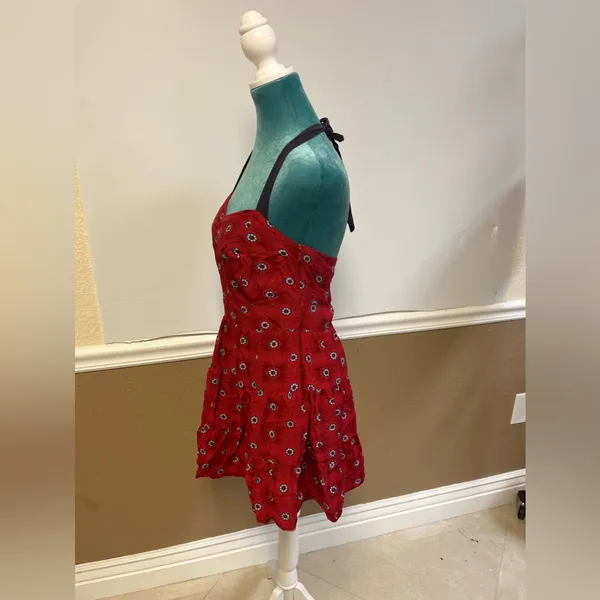 Free People Floral‎ Halter Mini Dress Anthropologie Pin Up Style Red Gray Size 6 - Image 6