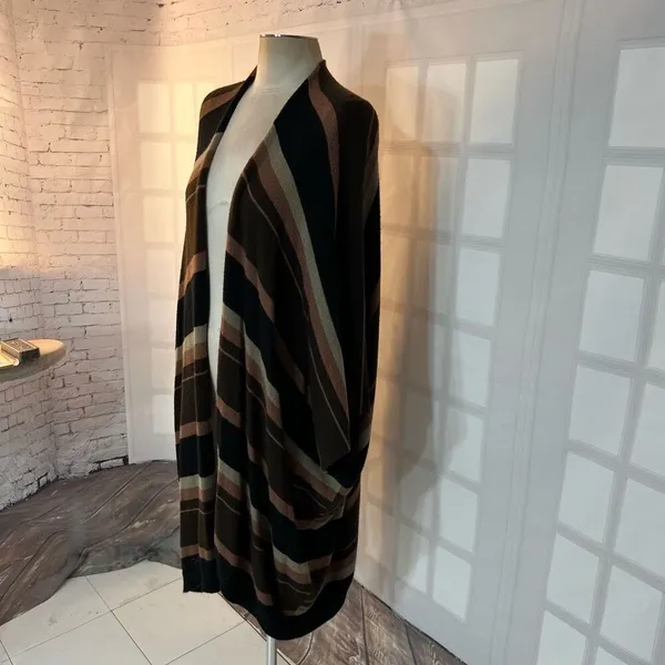 KK Intl. Brown Stripes Knit Open Front Poncho Long Cardigan Sweater Size XL - Image 3