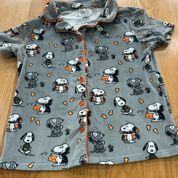 Munki Munki Peanuts Snoopy Halloween Pajama Top Grey Orange Candy Corn‎ Small - Image 4
