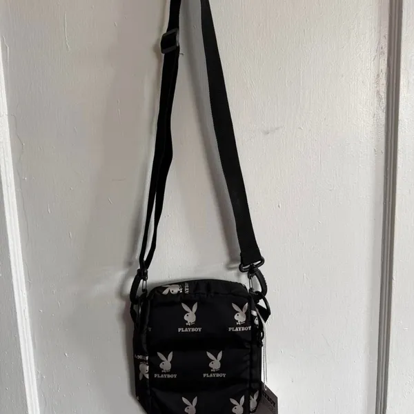 Playboy Bunny Logo Crossbody Bag Black White Nylon Shoulder Bag - Image 4
