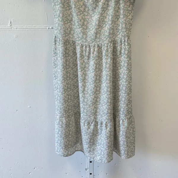 Monteau Los Angeles Floral Square Neck Puff Sleeve Tiered Mini Dress Blue Small - Image 4