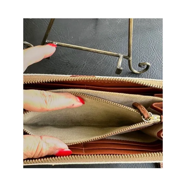 Dooney & Bourke Monogram Coated Canvas Zip Around Wallet Cream Cognac Organizer - Image 5