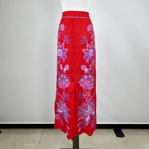 NWOT Farm Rio Red Porcelain Garden Scalloped Linen Midi Skirt Size S - Image 6