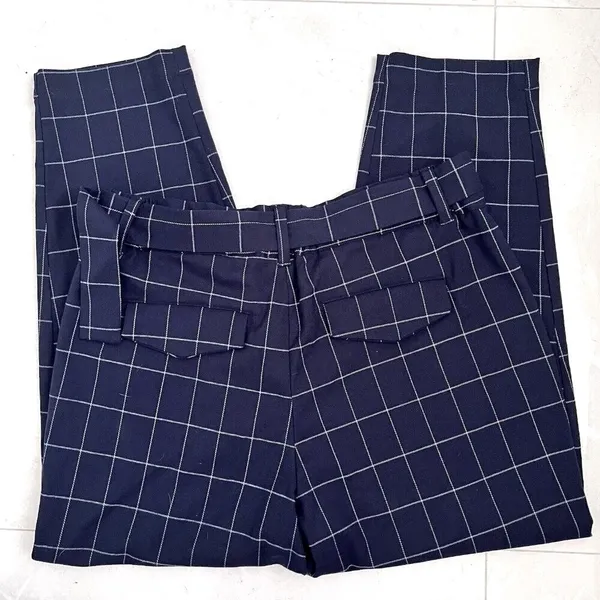 A New Day plaid Tapered crop Pants High Rise Size 14 Navy Blue Belted NEW - Image 7