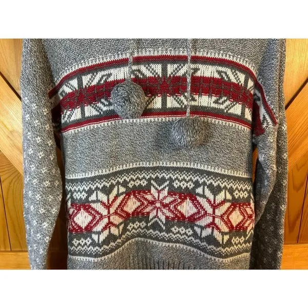 Yes Lola Hooded Cropped Knit Sweater Gray Lined Hood Pom Poms Size Large (5365) - Image 3