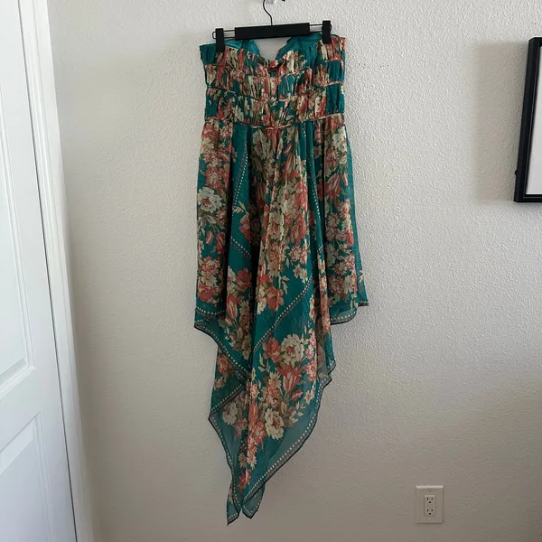 Y2k strapless Teal Floral Mariselle Garden Drape Midi Dress - Image 7