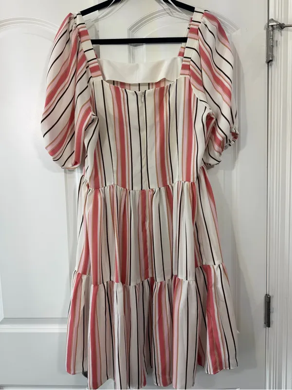 Danny & Nicole Pink and Cream Striped Tiered Midi Dress - Image 2