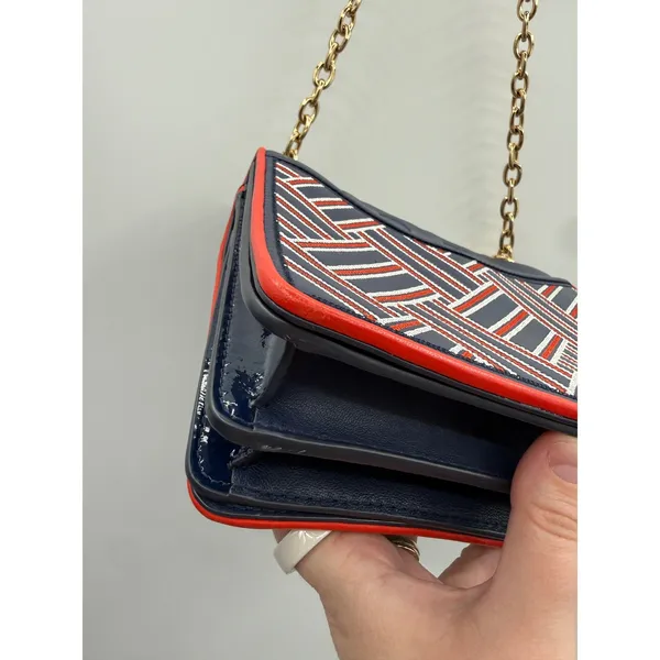 Tory Burch Alexa Convertible Shoulder Bag Navy Red Embroidered‎ Leather Chain - Image 11