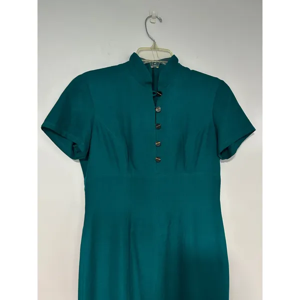 Dana Buchman Silk Teal Green Mandarin Collar Sheath Midi Dress Size 6 32820212 - Image 2