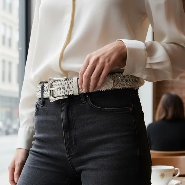 Rhinestone Studded Western Belt Cream Faux Snakeskin M/L Cowgirl Festival‎ Boho - Image 2