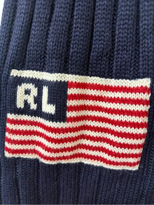 Polo Ralph Lauren Wool Blend Ribbed Navy Scarf Sweater with Flag - Image 3