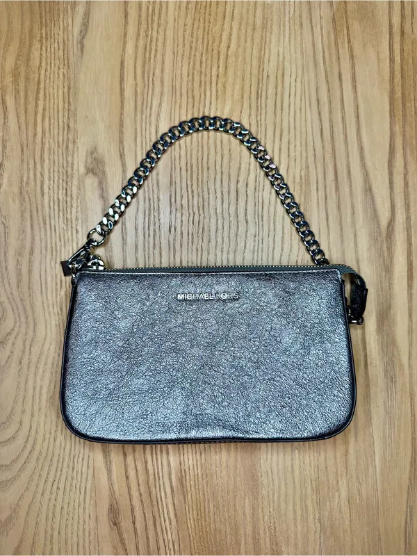 Michael Kors Pouchette Wrislet Gunmetal Metallic Leather Silver Chain Strap - Image 2