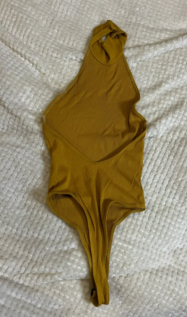 Medium Yellow Mustard Ribbed High Thigh Body Suit - Image 2