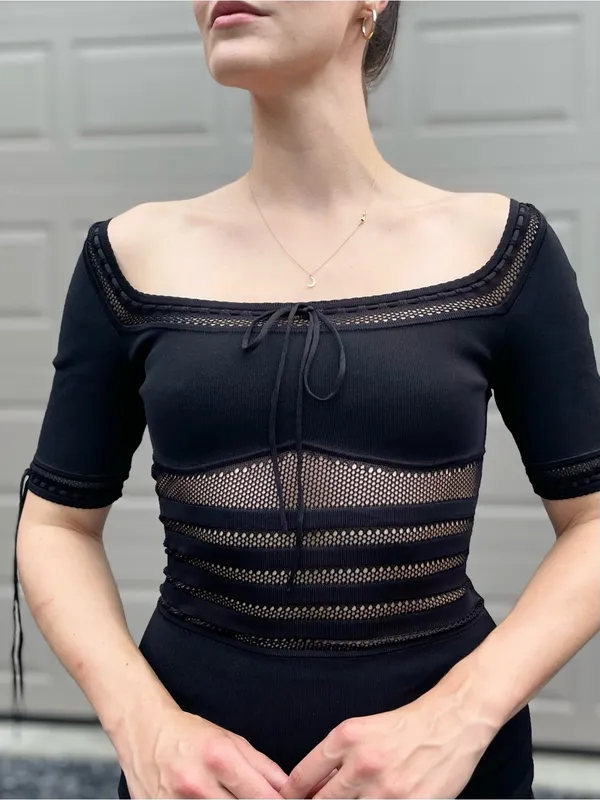 House of CB Mila Black Stretch Knit Bodycon Midi Cocktail Dress Small - Image 4