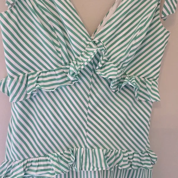 BCBGeneration Green and White Striped V-Neck Tie Shoulder Dress - Image 3