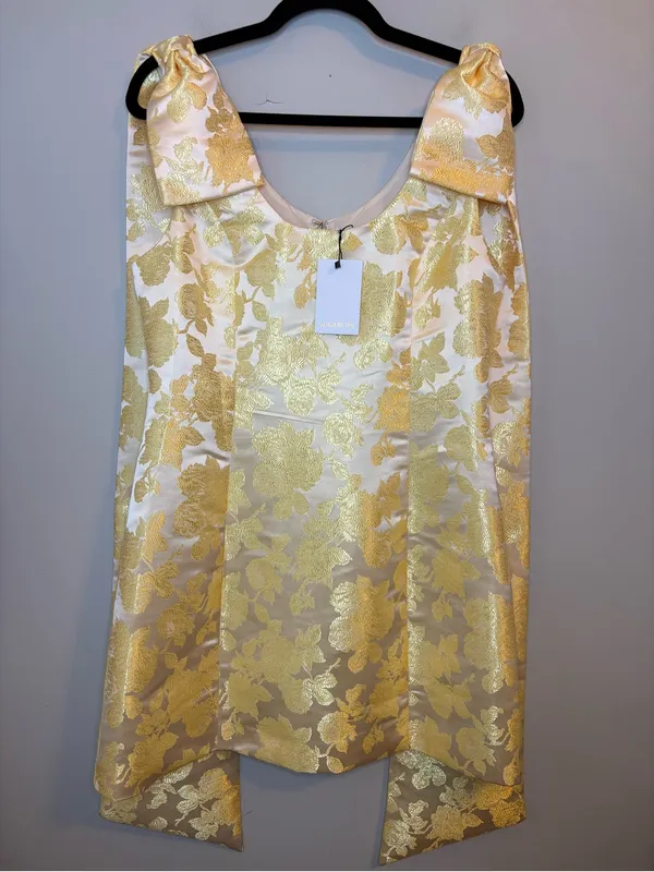 NWT Sugarlips Duson Gold Floral Jacquard Bow Sash Mini Dress L - Image 3