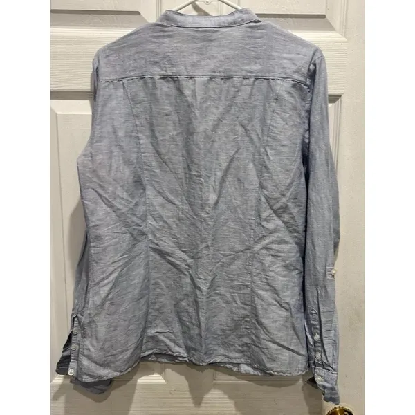 H&M Women Blue White Striped Linen‎ Cotton Button Down Roll Tab Shirt Size 14 - Image 8