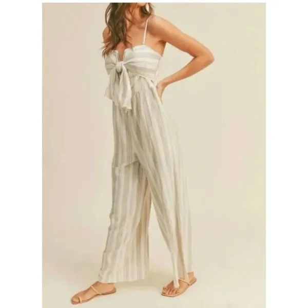✨MIOU MUSE sailor striped tie front jumpsuit in beige Sz Medium✨ White - Image 3