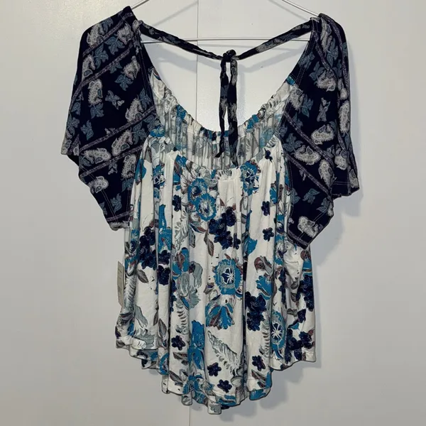 Free People Baja Babe Top Blue & Ivory Boho Floral Print Women’s Small S - Image 5