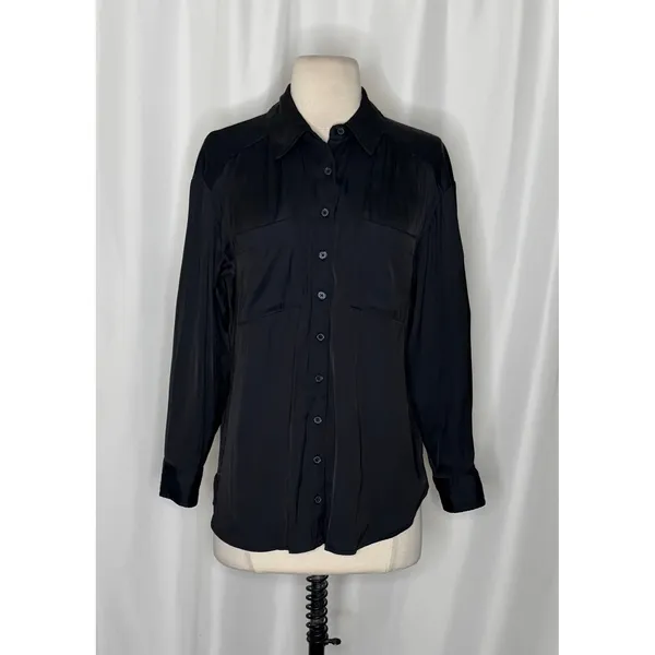 ANTHROPOLOGIE Black Satin Button Down Shirt Blouse Top Pockets Solid Small - Image 2