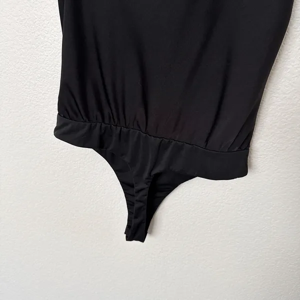 [ASTR] Black Satin Asymmetrical Sleeveless Draped Cowl Neck Bodysuit Sz Medium M - Image 8