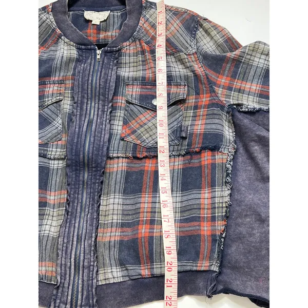 Oli & Hali Plaid Blue Bomber Jacket Small Full Zip Mixed Media Shacket - Image 8