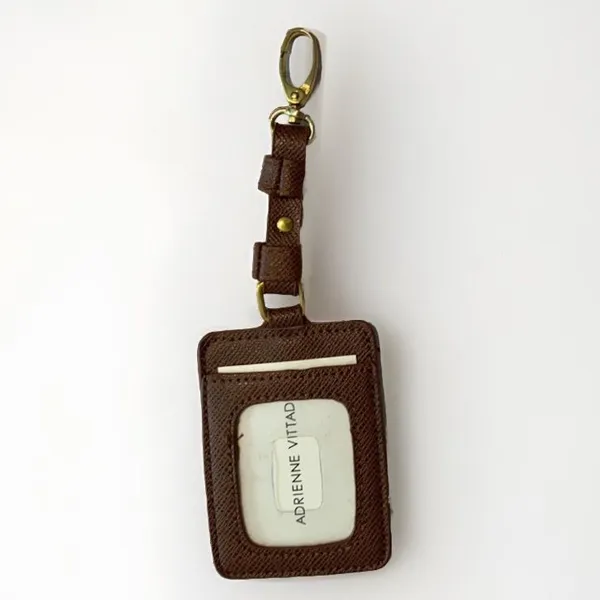 Adrienne Vittadini Brown luggage tag ID holder brown leather gold tone Logo - Image 3