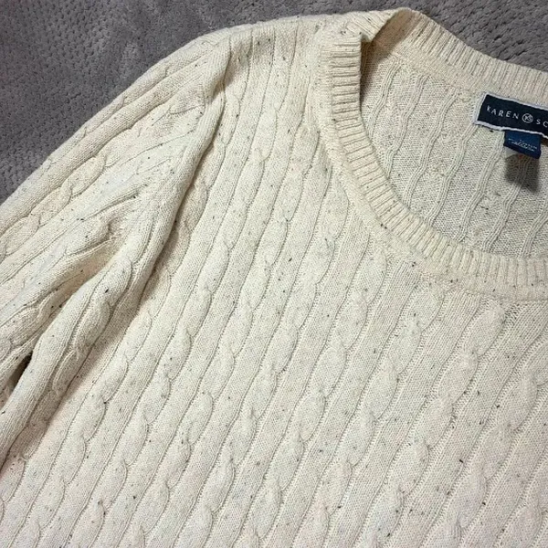 Karen Scott LRG Cream Cable Knit Crewneck Sweater Cotton Blend Speckled Academia - Image 6