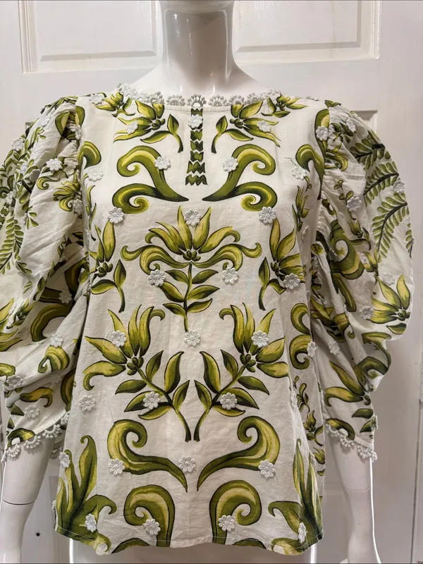 FARM RIO Milani Blouse Floral Puff-Sleeve Women's Top in Olive Green Size Large - Image 3