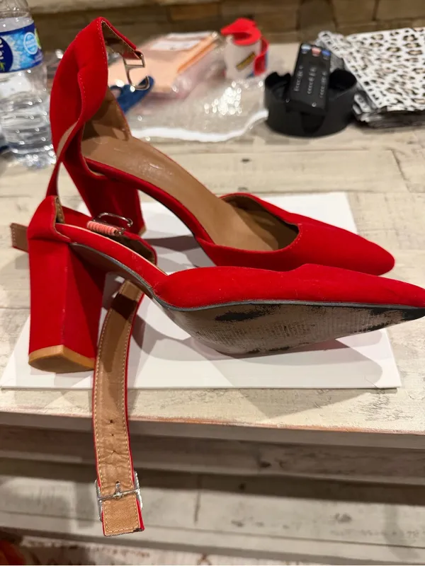 Red Pointed Block Heel Ankle Strap Pumps Size 8 - Image 2